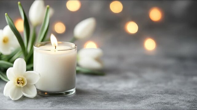 Symbolic candle burning brightly with delicate white flowers, honoring the ancient Celtic festival of Imbolc and Brigid's Day