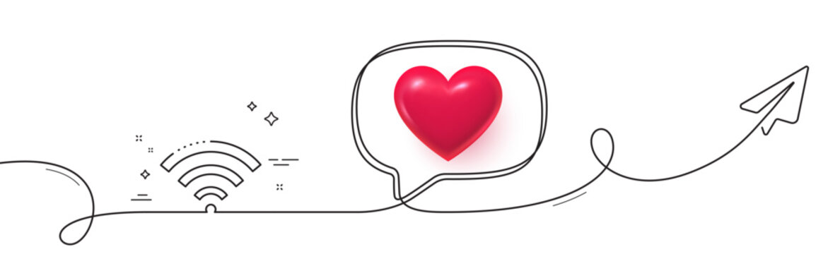 Wifi line icon. Continuous line with share plane. Wireless internet sign. Hotel service symbol. 3d heart in speech bubble. Wifi single line ribbon. Loop curve pattern. Vector