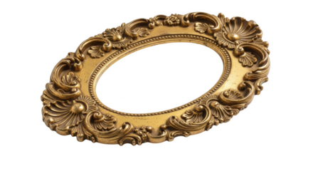 Golden ornate picture frame with intricate carvings and oval shape for decoration isolated on transparent background
