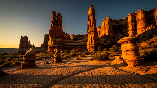Red desert landscape with giant rock hoodoos