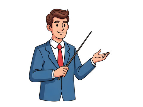 Business man in a suit pointing with a stick, presenting an idea with a smile