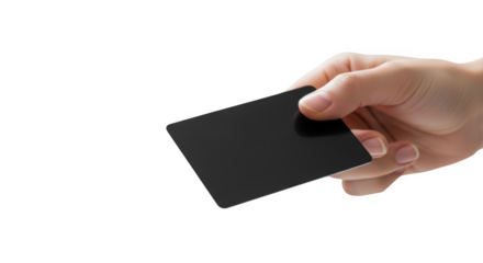 Hand holding blank card for payment or security access isolated on transparent background