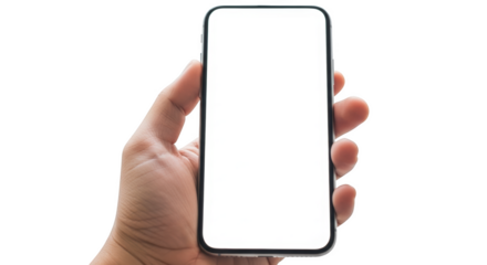 Hand holding blank screen smartphone template for mobile app or website isolated on transparent background