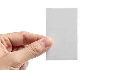 Hand holding blank white business card for design presentation isolated on transparent background