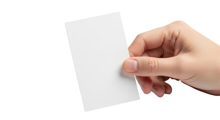 Obraz premium Hand holding blank white business card showing empty surface for mockup isolated on transparent background