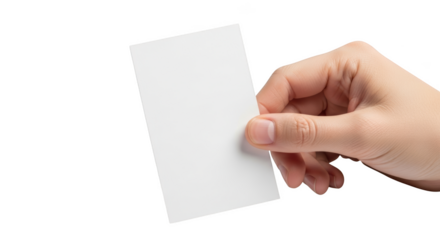 Hand holding blank white business card showing empty surface for mockup isolated on transparent background