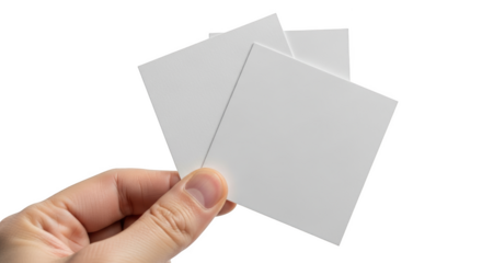 Hand holding blank white square cards for mockup isolated on transparent background