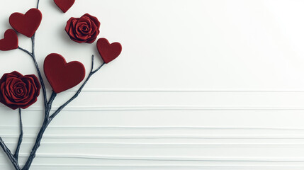 Red hearts and roses arranged on a simple white background for decoration or celebration. Valentine love day, greeting card, banner, copy space for text