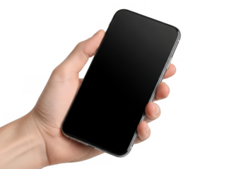 Hand holding black smartphone isolated on transparent background
