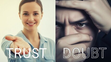 split screen of smiling woman offering help and worried man with trust and doubt text for psychology blogs, coaching websites, mental health articles and business ethics presentations