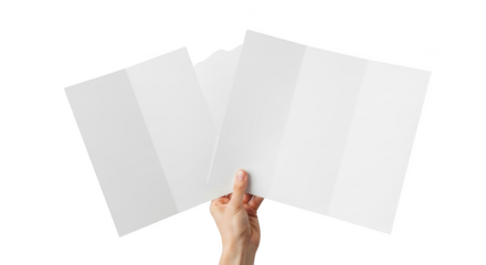 Hand holding two blank tri fold brochure mockups isolated on transparent background