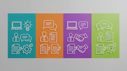 Four colorful panels displaying icons related to technology, communication, and collaboration in a horizontal arrangement on a white background
