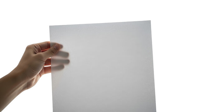 Hand holding translucent sheet of paper in studio with backdrop creating a minimalist aesthetic isolated on transparent background