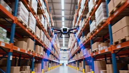 Autonomous drone flying through warehouse aisle between storage racks with inventory boxes. Modern logistics and supply chain technology concept of automated management, robotic inspection and smart - Powered by Adobe