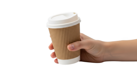 Human hand holds a disposable paper cup with hot coffee or tea for delivery isolated on transparent background