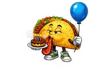 Taco food character celebrating birthday blowing out candles holding a blue balloon and chocolate cake