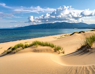 Idyllic Beach Scene with Sand Dunes and Distant Mountains.
