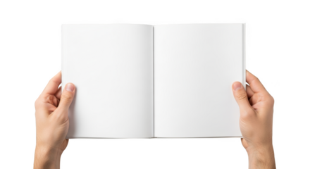 Man holding an open blank white book revealing empty pages ready for design content isolated on transparent background