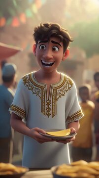 Teenage boy wearing traditional caftan in 2d animated scene
