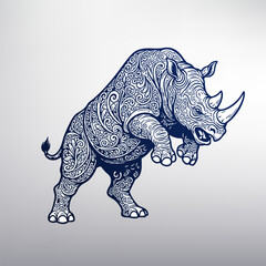 Raging Rhino with Intricate Tribal Ornament Pattern, Vector Illustration