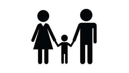 Simple black silhouette icon of a family unit consisting of a father, mother, and one child, representing the fundamental concept of family and parental relationships.