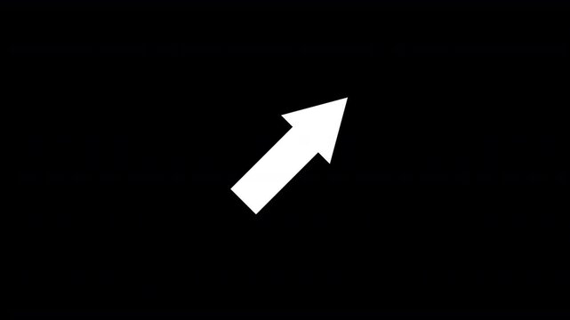 directional white arrow pointing in a diagonal direction indicator icon symbol animated on an invisible transparent alpha channel background and held for nearly a minute on screen 4K animation
