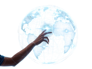Close up of a hand interacting with a glowing futuristic digital globe interface on a white background