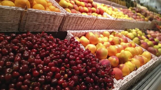 A vibrant close-up shot captures an abundant and colorful display of fresh, ripe produce arranged artfully in woven baskets within a retail environment, likely a grocery store or market. The foregroun