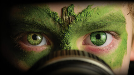 Person with green face paint holding a camera and looking directly at the viewer in a close-up shot during a creative activity