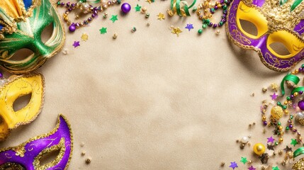Vibrant Mardi Gras festive border with colorful masks and sparkling beads, celebration poster background concept