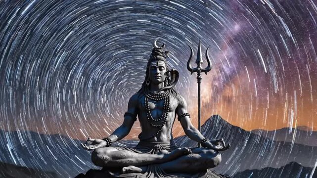 Majestic Meditating Shiva Statue Under Star Trails In Mountain Night Sky.