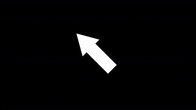 directional white arrow pointing in a diagonal direction indicator icon symbol animated on an invisible transparent alpha channel background and held for nearly a minute on screen 4K animation
