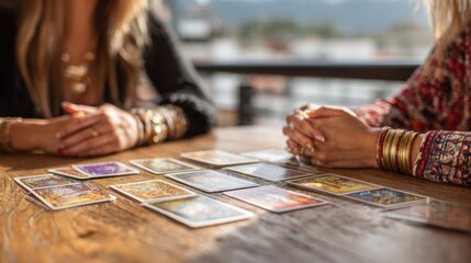 A women&rsquo;s circle centered around a transformation game, exchanging soulful support, gestures, and healing through meaningful cards and symbols.