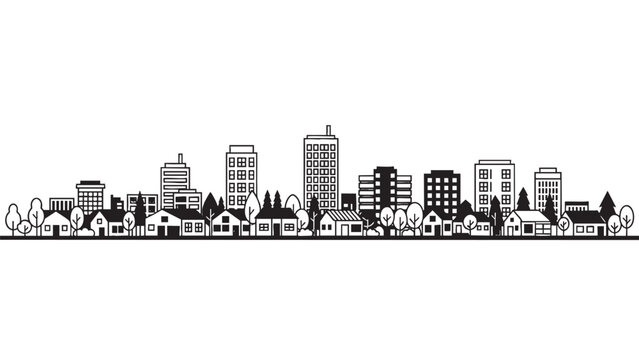 Minimalist cityscape line drawing with buildings trees and houses on transparent background