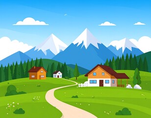 Idyllic Mountain Landscape with Houses and Winding Path.