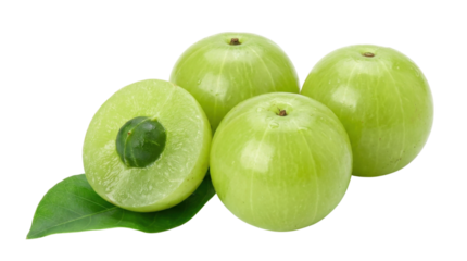 Fresh amla fruits, whole and half, healthy, green, raw