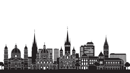 Fototapeta premium Stylized skyline silhouette of a cityscape with historic and modern buildings illustrating architecture and urban environment