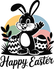 A cheerful black rabbit waves happily amidst easter eggs and a colorful background