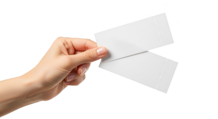 Woman holding two blank tickets in hand presentation isolated on transparent background