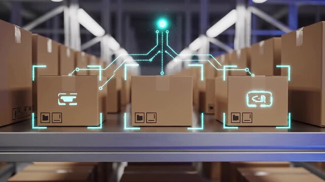 Warehouse logistics with cardboard boxes on conveyor belt and digital network overlay. Supply chain concept of automated distribution, smart inventory management, package tracking and modern freight