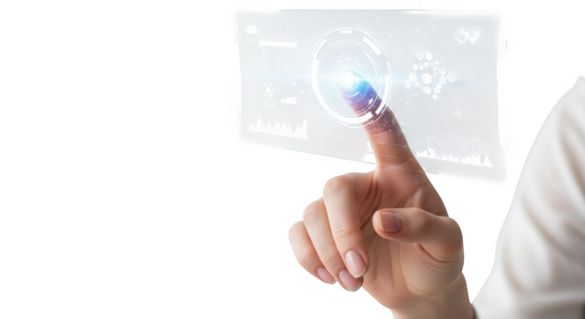 Woman interacts with futuristic transparent tablet interface isolated on transparent background - Powered by Adobe