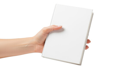 Womans hand holding blank white hardcover book in studio shot isolated on transparent background