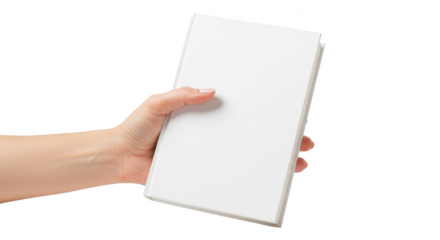 Womans hand holding blank white hardcover book in studio shot isolated on transparent background