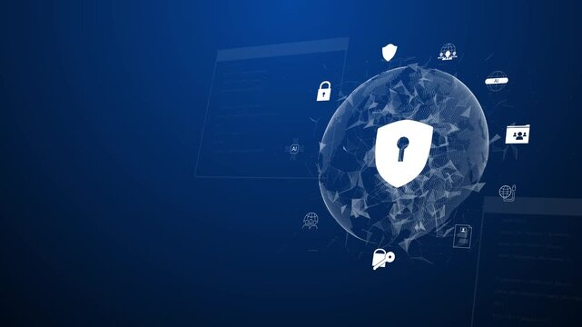 Cyber security interface with biometric and AI-powered protection system. Cyber security secures access, cybersecurity protects identity, cybersecurity detects threats, and defends data.
