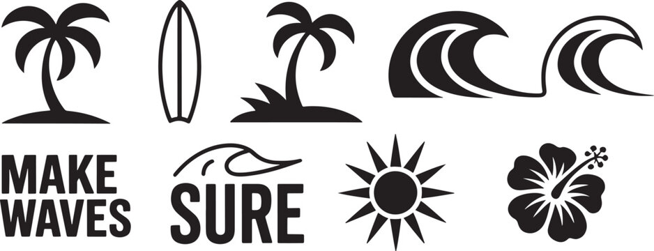 Beach with palm trees and waves surfboard hibiscus desi