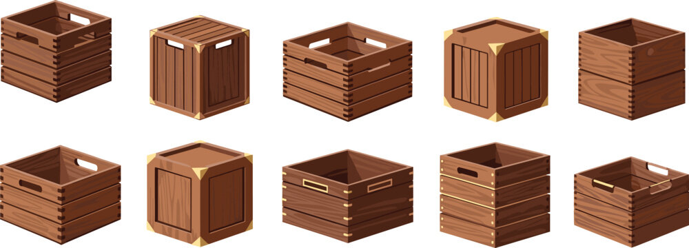 Stylized wooden crate collection &mdash; ten unique box designs with varied textures, openings, and handles for packaging, storage, and game asset illustrations.