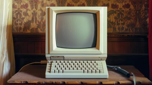 Video A vintage computer sits atop a wooden table, offering a glimpse into the past