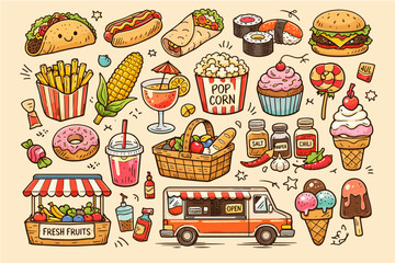 Hand drawn food cartoons vector of fast food, desserts, and snacks