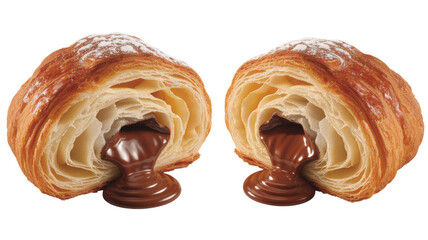 Fototapeta premium Croissant; chocolate; melted; pastries; two halves; baked goods