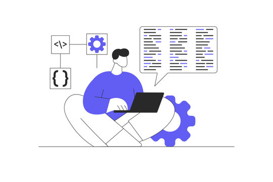 Web development. Man designer creates layouts at laptop, programming and testing code, working in office. Flat Cartoon Vector Illustration, icon Stylish abstract design landing page web